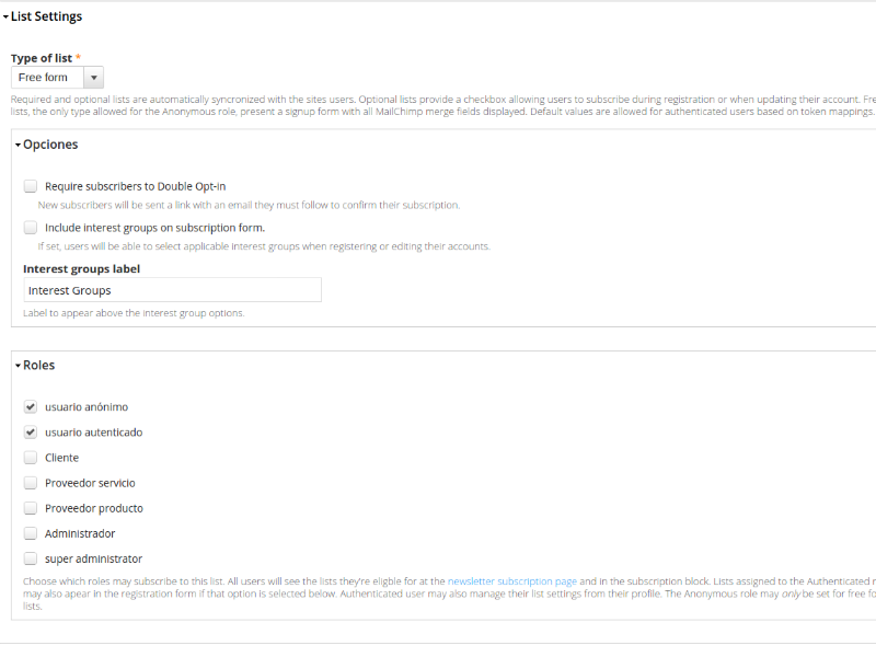 Configuración lista en modulo mailchimp